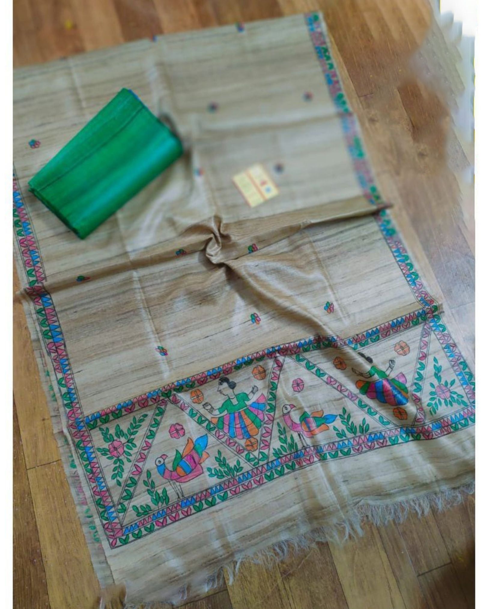 Tussar Silk Madhubani Biege Dupatta and Plain Tussar Silk Green Top (Tussar by Tussar) Silkmark Certified-5129