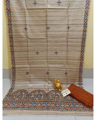 Tussar Silk Madhubani Biege Dupatta and Plain Tussar Silk Brown Top (Tussar by Tussar) Silkmark Certified-9732 Tussar Silk Madhubani Biege Dupatta and Plain Tussar Silk Brown Top (Tussar by Tussar) Silkmark Certified-9732