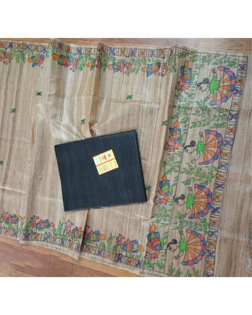 Tussar Silk Madhubani Biege Dupatta and Plain Tussar Silk Blue Top (Tussar by Tussar) Silkmark Certified-2744 - Dupattas & Shawls | Buy online on ZillyBuy