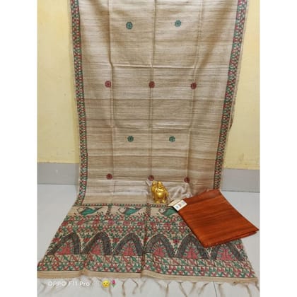 Tussar Silk Madhubani Biege Dupatta and Plain Tussar Silk Orange color Top (Tussar by Tussar) Silkmark Certified-6181