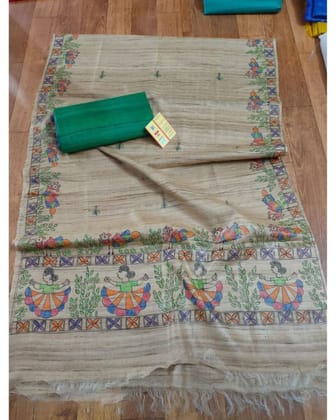 Tussar Silk Madhubani Biege Dupatta and Plain Tussar Silk Green Top (Tussar by Tussar) Silkmark Certified-1485