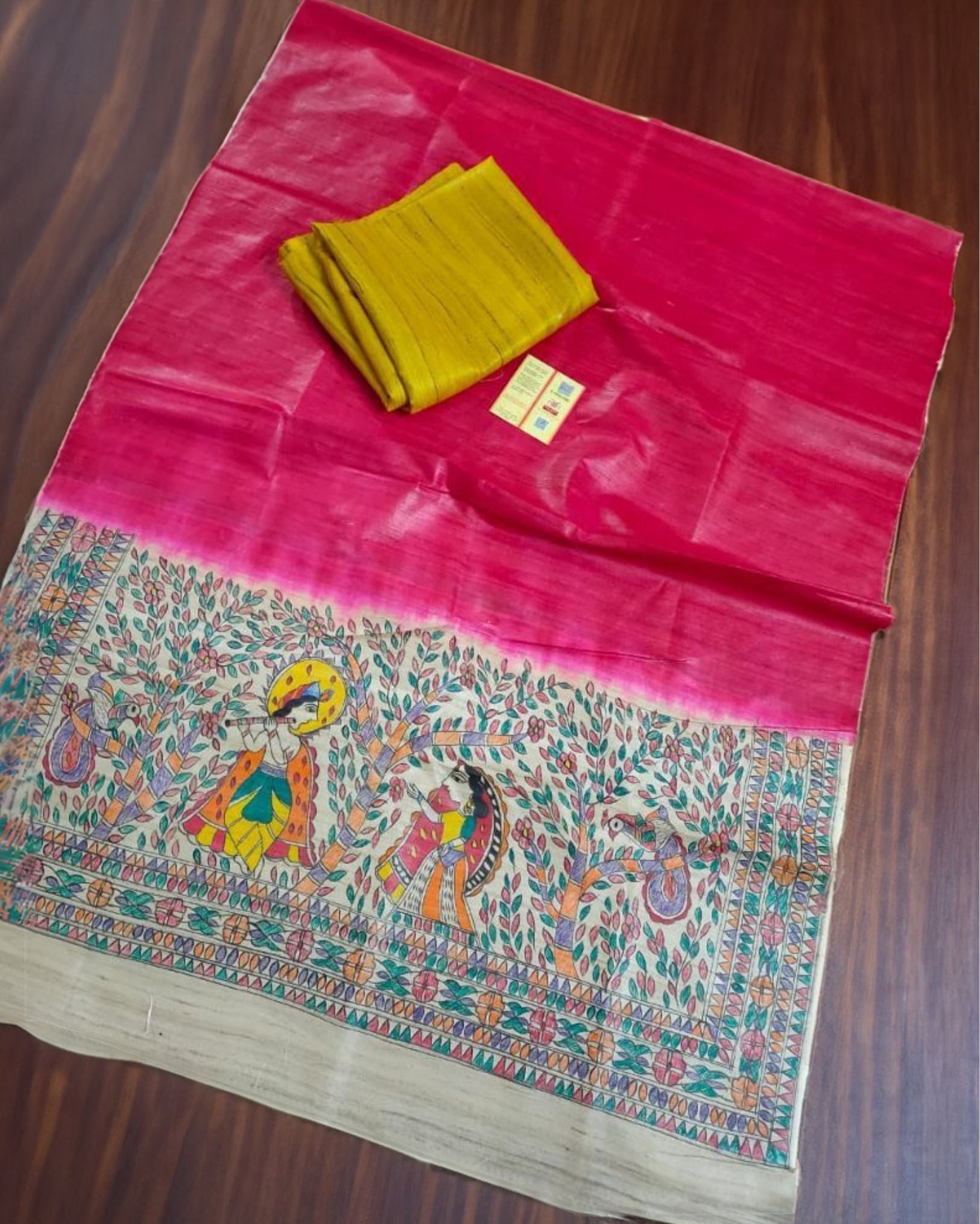 Tussar Silk Madhubani Pink Dupatta and Plain Tussar Silk Yellow Top (Tussar by Tussar) Silkmark Certified-2009