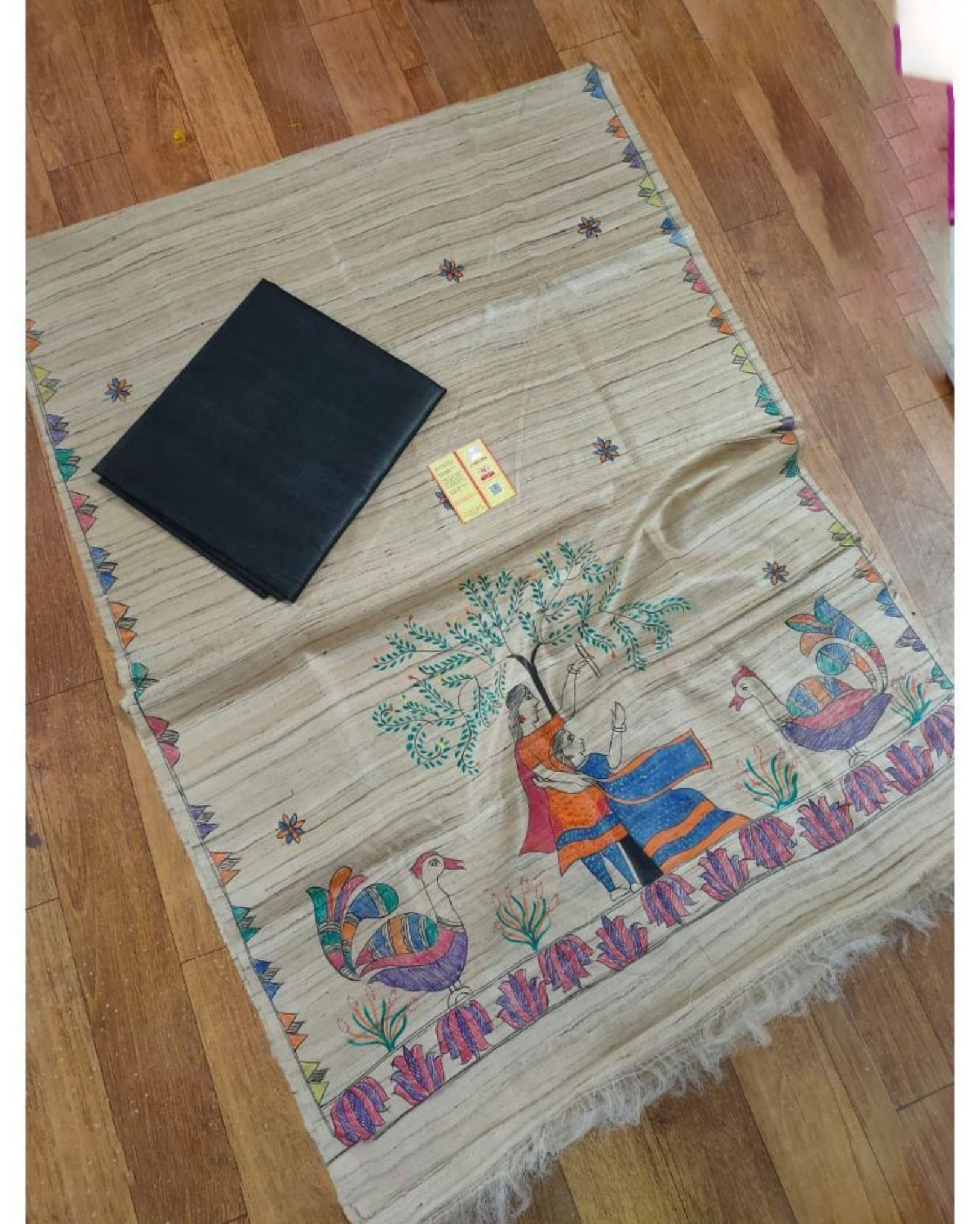 Tussar Silk Madhubani Biege Dupatta and Plain Tussar Silk Black Top (Tussar by Tussar) Silkmark Certified-9720