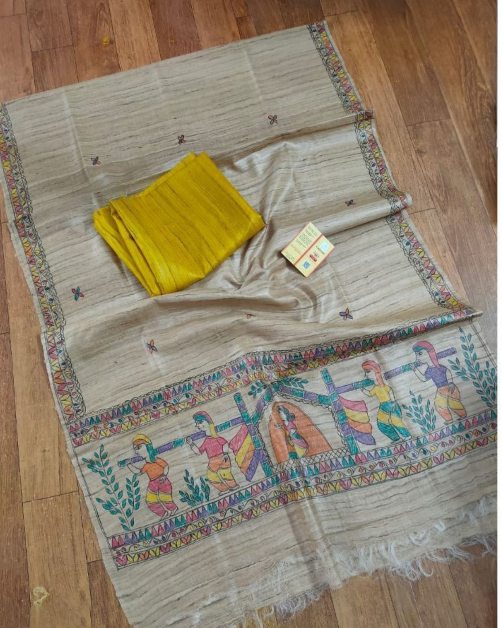 Tussar Silk Madhubani Biege Dupatta and Plain Tussar Silk Yellow Top (Tussar by Tussar) Silkmark Certified-8088