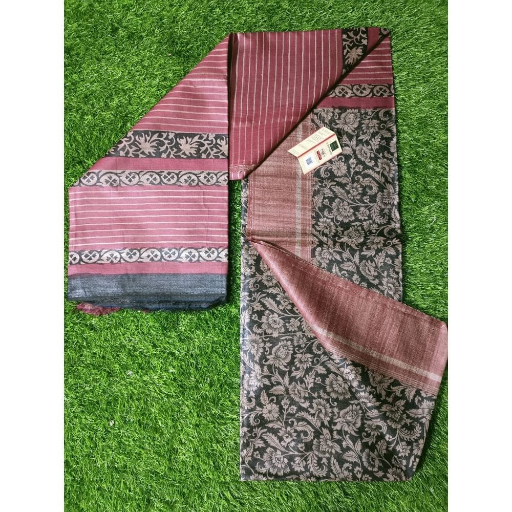 Silkmark Certified Tussar Silk Handloom Block Print Black Saree with Blouse-4283 - Sarees | Buy online on ZillyBuy