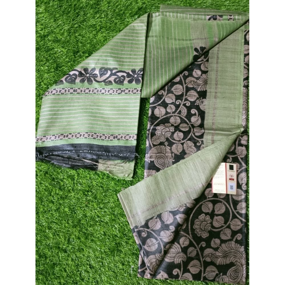 Silkmark Certified Tussar Silk Handloom Block Print Black Saree with Blouse-3301 - Sarees | Buy online on ZillyBuy