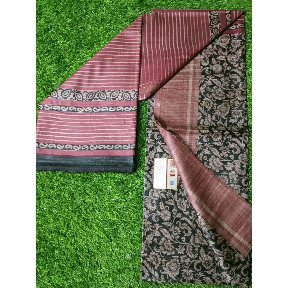 Silkmark Certified Tussar Silk Handloom Block Print Black Saree with Blouse-6357