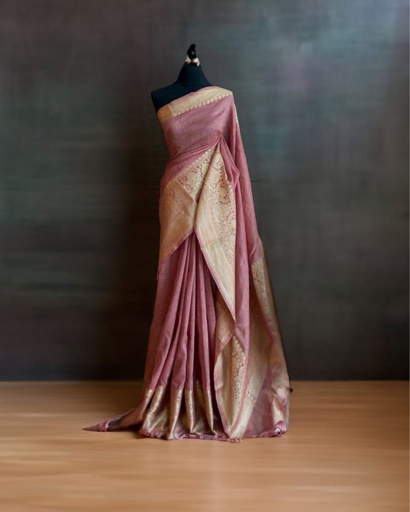 Silk Linen Weaving Design Jacquard Handloom Pink Saree with Running Blouse-2363 - Sarees | Buy online on ZillyBuy
