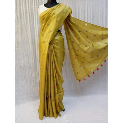 Silkmark Certified Pure Tussar Silk Embroidered Handloom Yellow Saree with Blouse (Tussar by Tussar)-2080 Silkmark Certified Pure Tussar Silk Embroidered Handloom Yellow Saree with Blouse (Tussar by Tussar)-2080