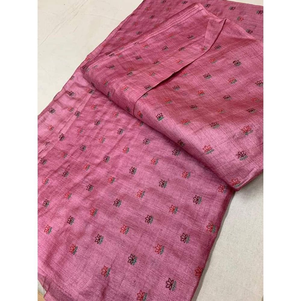 Silkmark Certified Pure Tussar Silk Embroidered Handloom Pink Saree with Blouse (Tussar by Tussar)-7297