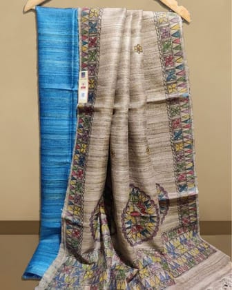 Silkmark Certified Tussar Curious Blue Silk Madhubani Dupatta and Plain Tussar Silk Top (Tussar by Tussar)-1202