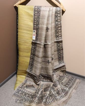 Tussar Yellow Silk Madhubani Dupatta and Pure Tussar (Tussar by Tussar) Silk Top Silkmark Certified-3843