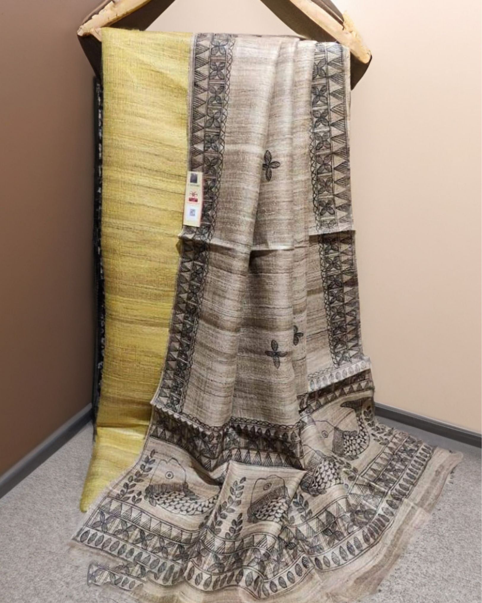 Tussar Yellow Silk Madhubani Dupatta and Pure Tussar (Tussar by Tussar) Silk Top Silkmark Certified-3843