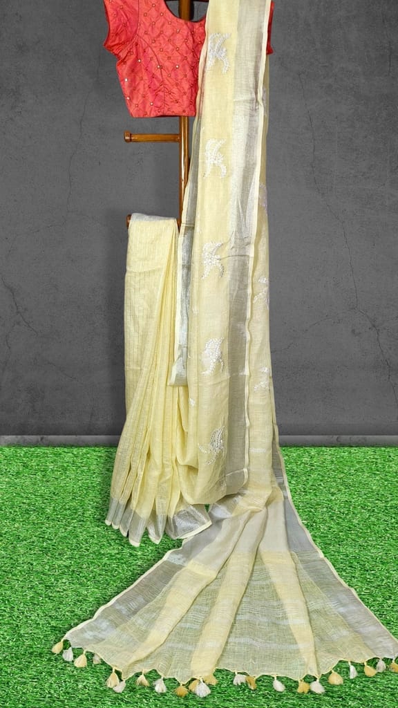 Pure Linen Embroidered Handloom Off White Saree with Running Blouse Handcrafted-3467 - Sarees | Buy online on ZillyBuy