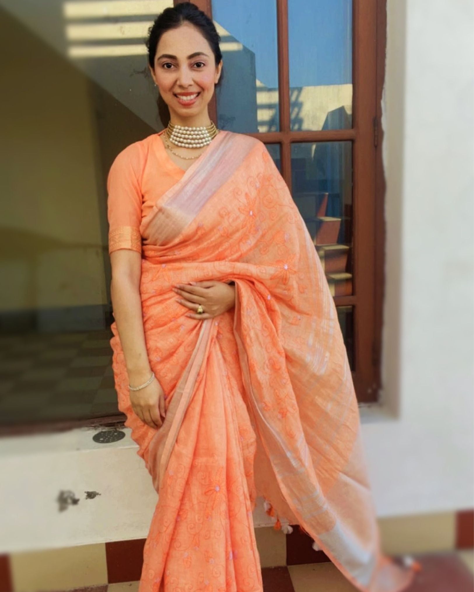 Pure Linen Embroidered Handloom Warm Orange Saree with Running Blouse Handcrafted-1590