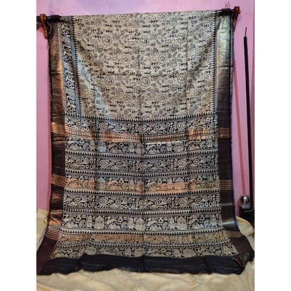 Silkmark Certifiied Tussar Silk Handloom Handblock Printed Grey & Black Colour Saree with Blouse-7760 Silkmark Certifiied Tussar Silk Handloom Handblock Printed Grey & Black Colour Saree with Blouse-7760
