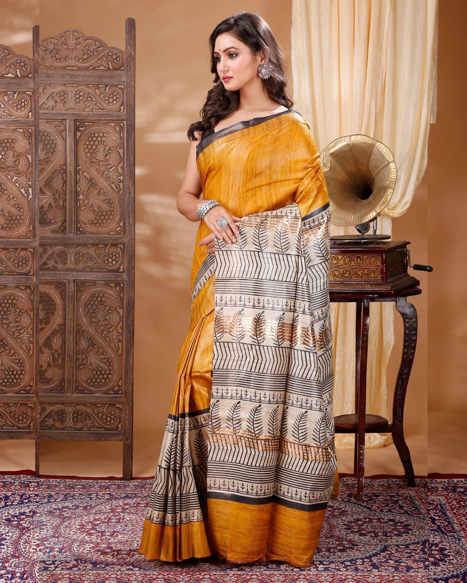 Silkmark Certified Tussar Silk Handloom Handblock Printed Dark Yellow &  Spanish Grey Colors Saree with Blouse-7233