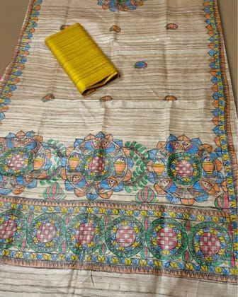 Silkmark Certified Tussar Grullo brown Silk Madhubani Dupatta and Plain Tussar Silk Top (Tussar by Tussar)-6745