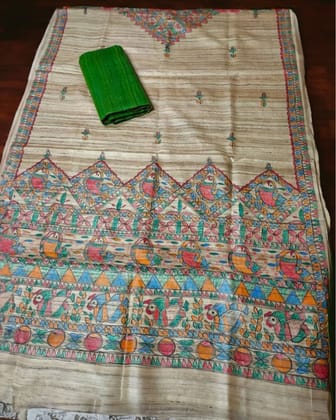 Silkmark Certified Tussar Grullo Brown Silk Madhubani Dupatta and Plain Tussar Silk Top (Tussar by Tussar)-6643