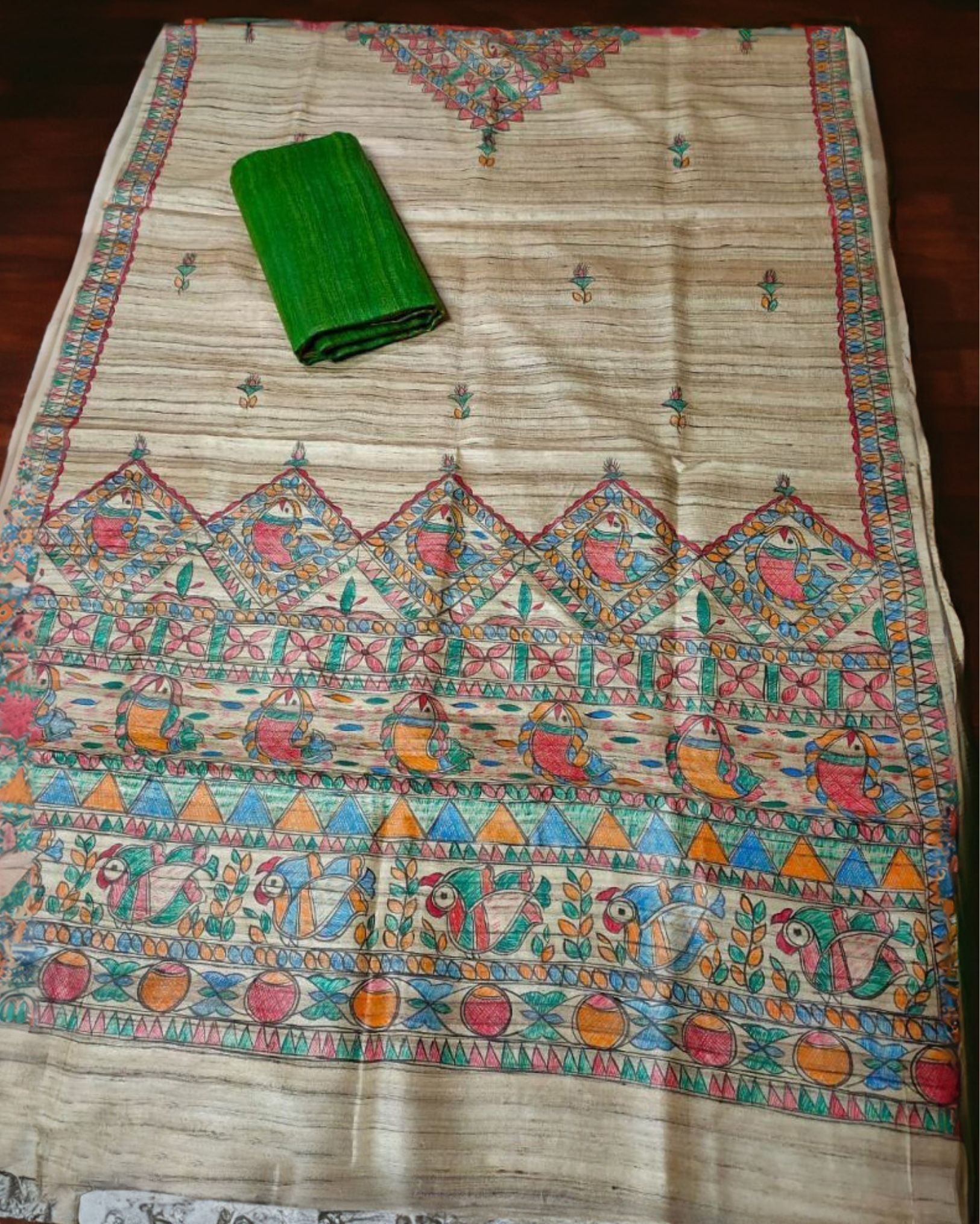 Silkmark Certified Tussar Grullo Brown Silk Madhubani Dupatta and Plain Tussar Silk Top (Tussar by Tussar)-6643