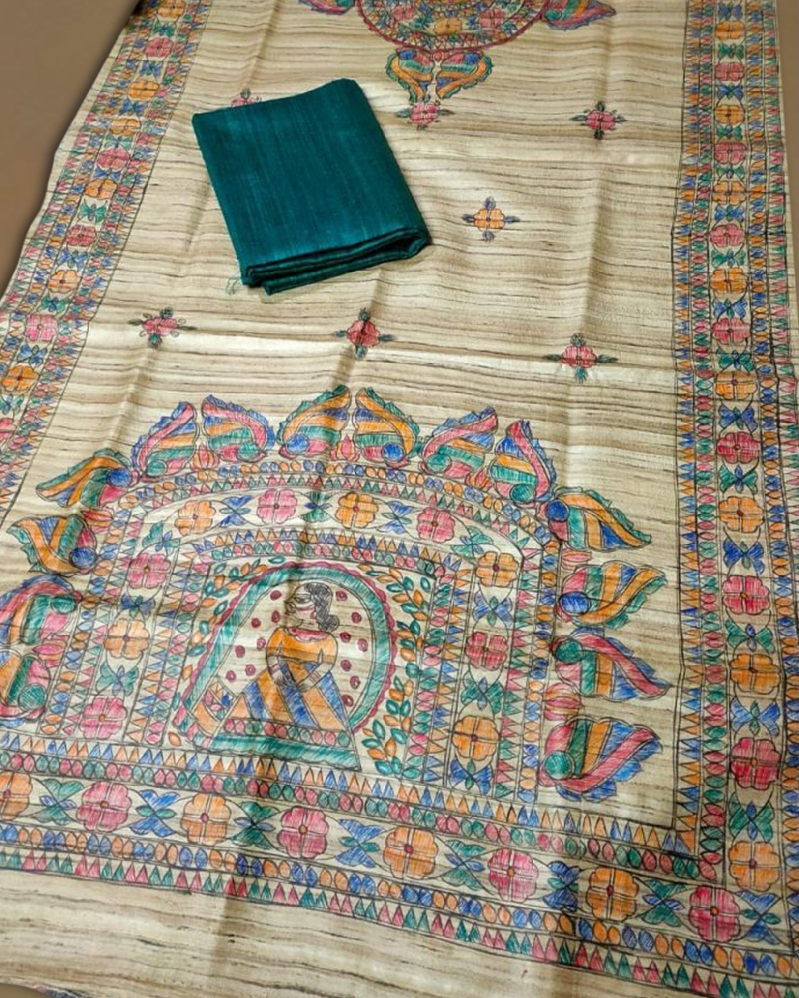 Silkmark Certified Tussar Grullo Brown Silk Madhubani Dupatta and Green Plain Tussar Silk Top (Tussar by Tussar)-9745