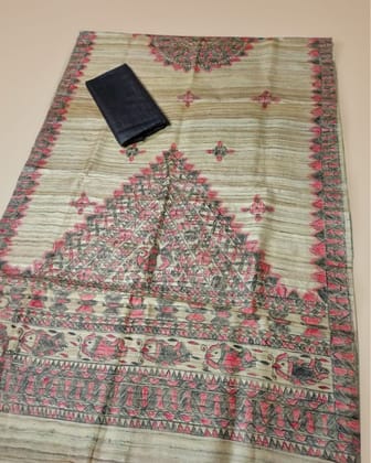 Silkmark Certified Tussar Grullo Brown Silk Madhubani Dupatta and Grey Plain Tussar Silk Top (Tussar by Tussar)-4357