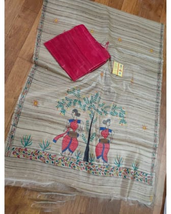 Silkmark Certified Tussar Grullo Silk Madhubani Dupatta and Plain Tussar Raspberry Pink Silk Top (Tussar by Tussar)-9855