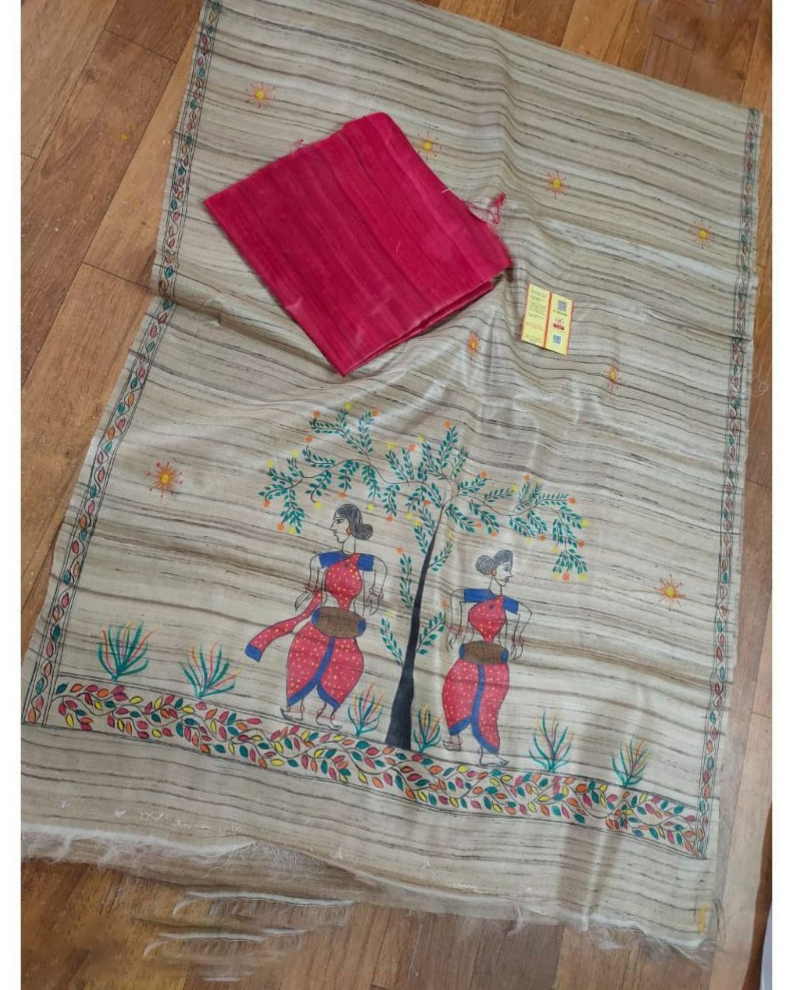 Silkmark Certified Tussar Grullo Silk Madhubani Dupatta and Plain Tussar Raspberry Pink Silk Top (Tussar by Tussar)-9855