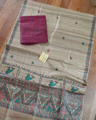Silkmark Certified Tussar Grullo Brown Silk Madhubani Dupatta and Plain Tussar  Dark Raspberry Silk Top (Tussar by Tussar)-2294