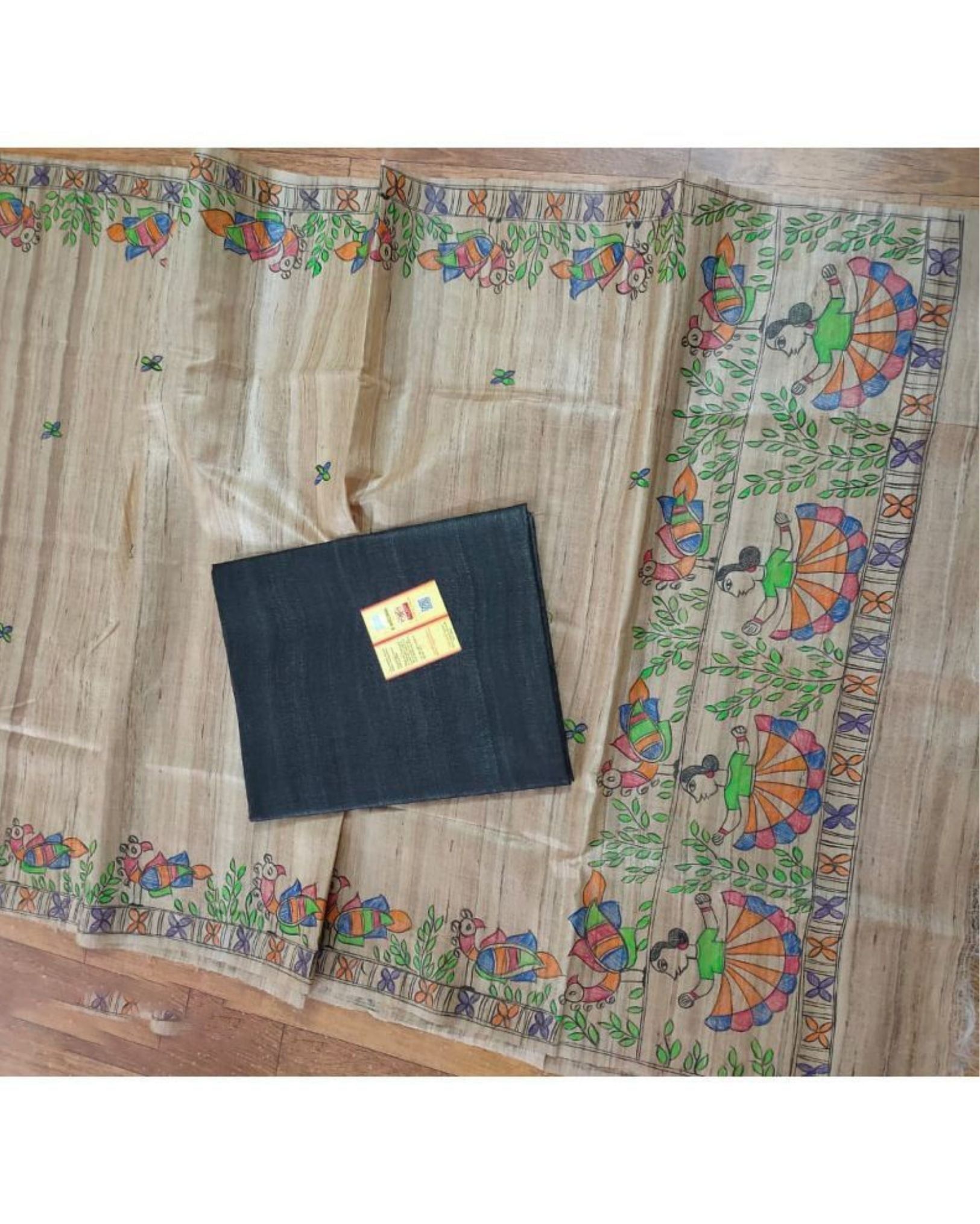 Silkmark Certified Tussar Grullo Brown Silk Madhubani Dupatta and Plain Tussar Midnight Blue Silk Top (Tussar by Tussar)-3499