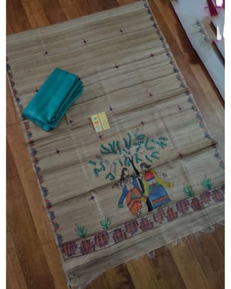 Silkmark Certified Tussar Grullo Brown Silk Madhubani Dupatta and Plain Tussar Blue Lagoon Silk Top (Tussar by Tussar)-8791