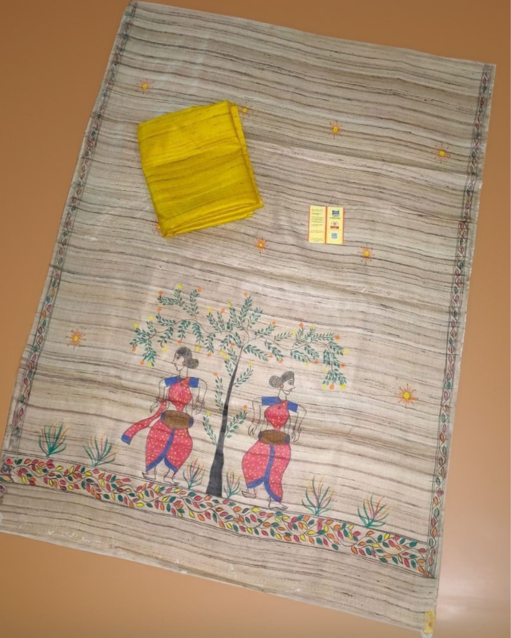 Silkmark Certified Tussar Grullo Brown Silk Madhubani Dupatta and Plain Tussar Yellow Silk Top (Tussar by Tussar)-6794