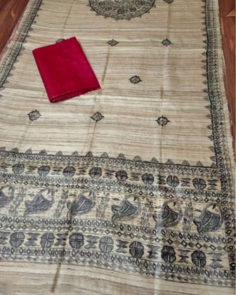 Silkmark Certified Tussar Grullo Brown Silk Madhubani Dupatta and Plain Tussar Carmine Red  Silk Top (Tussar by Tussar)-2759