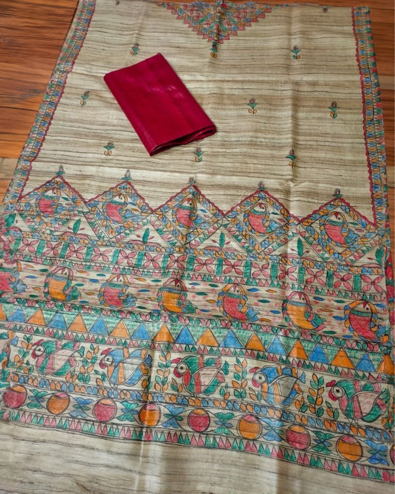 Silkmark Certified Tussar Grullo Brown Silk Madhubani Dupatta and Plain Tussar Carmine Red Silk Top (Tussar by Tussar)-5760