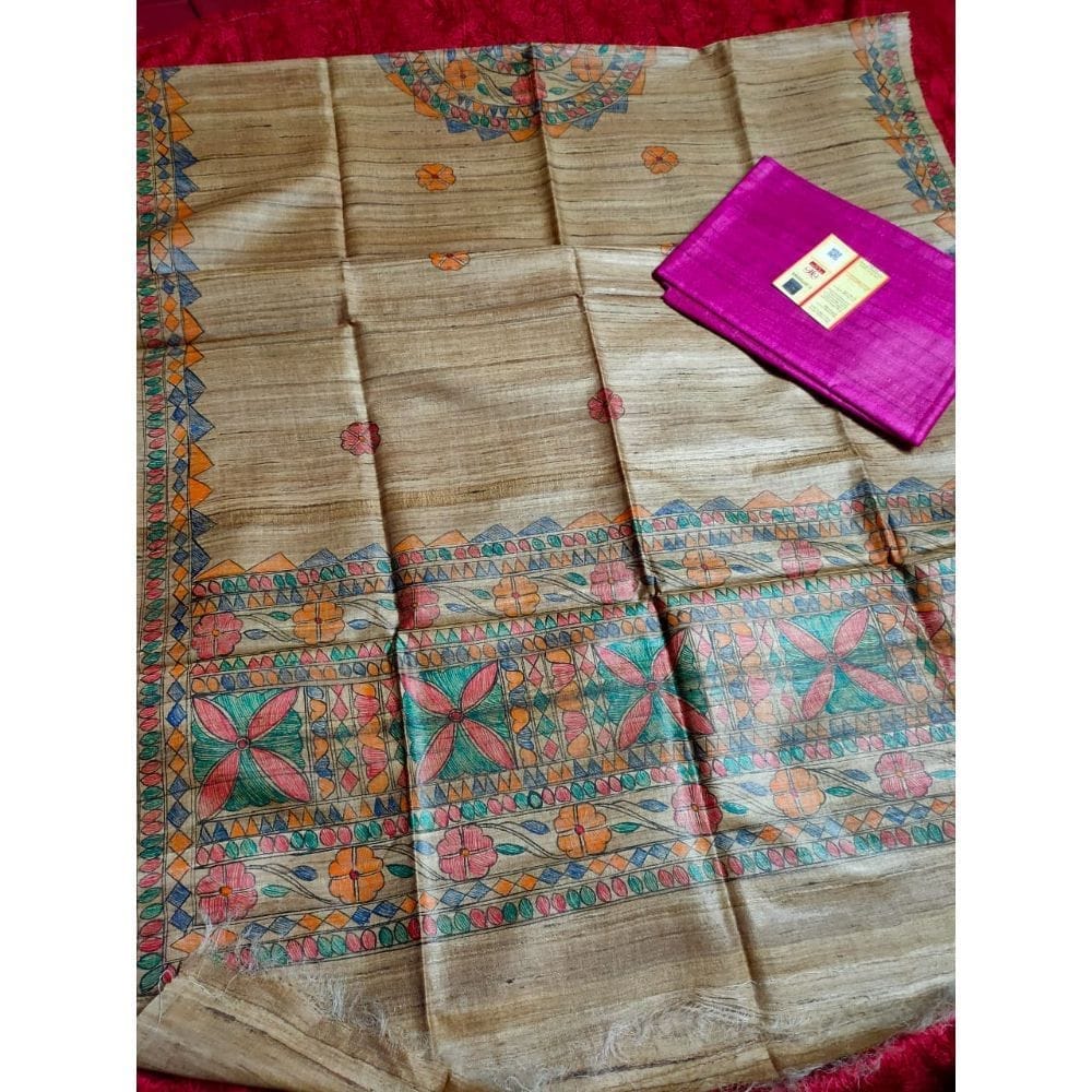 Silkmark Certified Tussar Grullo Brown Silk Madhubani Dupatta and Plain Tussar Violet Silk Top (Tussar by Tussar)-9997
