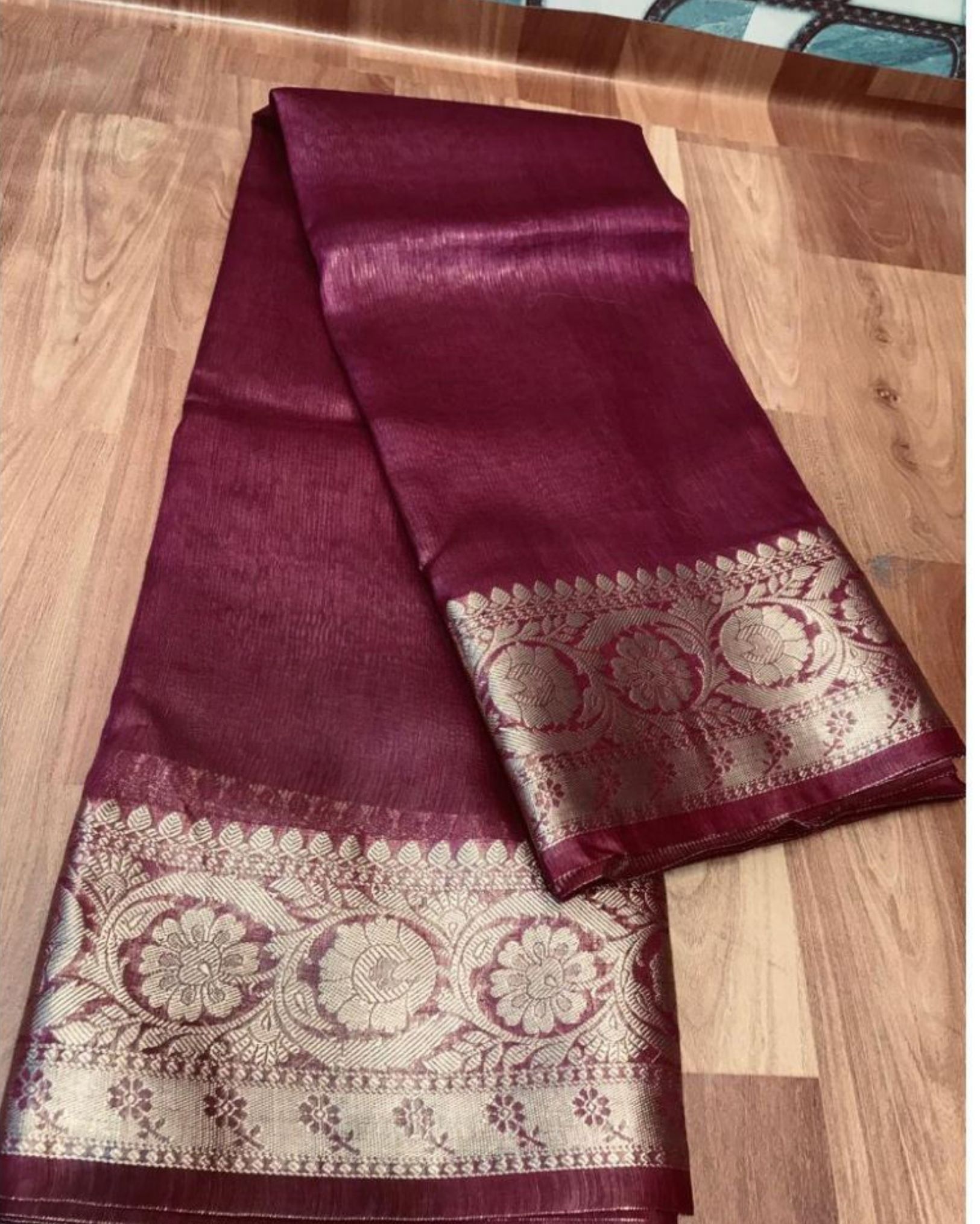 Silk Linen Banarasi Brocade Handloom Cherrywine Colour Saree with Blouse-2358