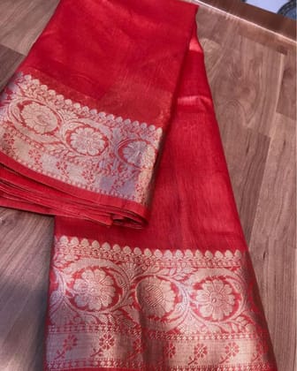 Silk Linen Banarasi Brocade Handloom Venetian Red Saree with Blouse-8212