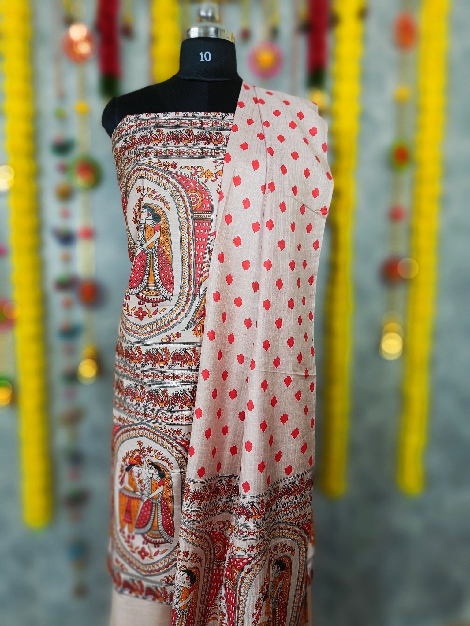 Katan Multi Color Silk Suit Piece Madhubani Printed with Bottom and Dupatta Handcrafted-1780