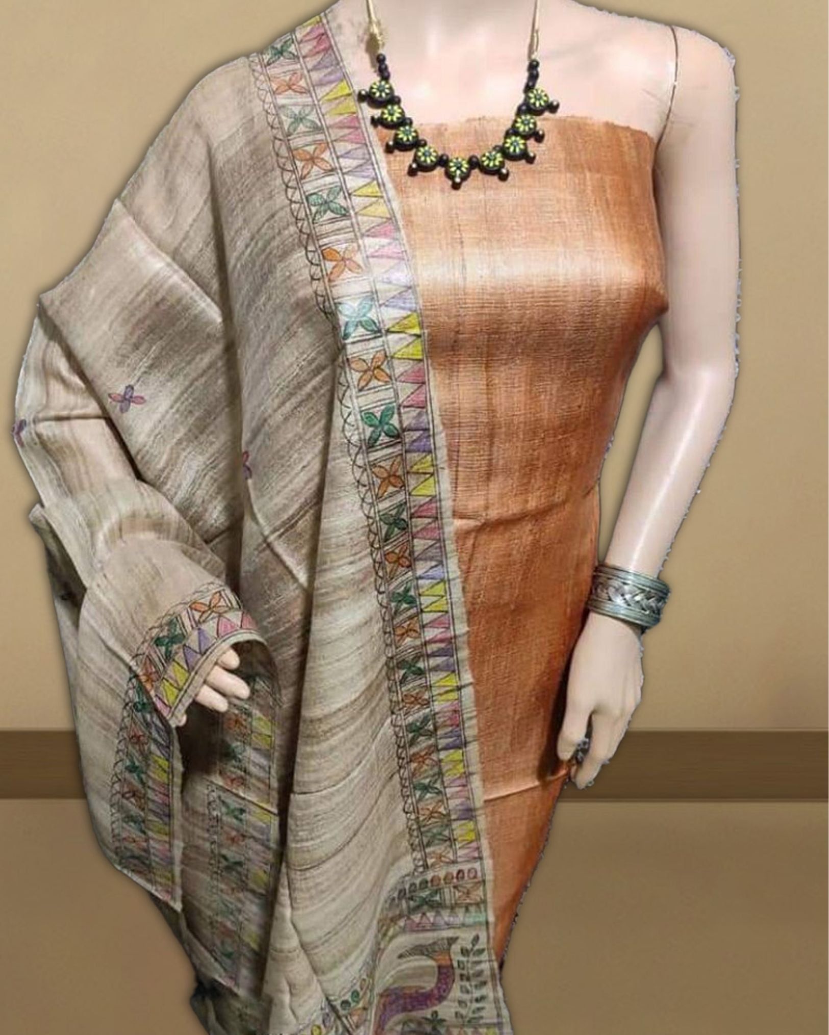 SSilkmark Certified Tussar pastel Brown Silk Madhubani Dupatta and Plain Tussar Brown Silk Top (Tussar by Tussar)-4040