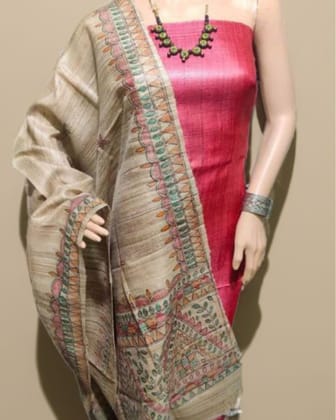 SSilkmark Certified Tussar Pastel Brown Silk Madhubani Dupatta and Plain Tussar Puce Red Silk Top (Tussar by Tussar)-1165