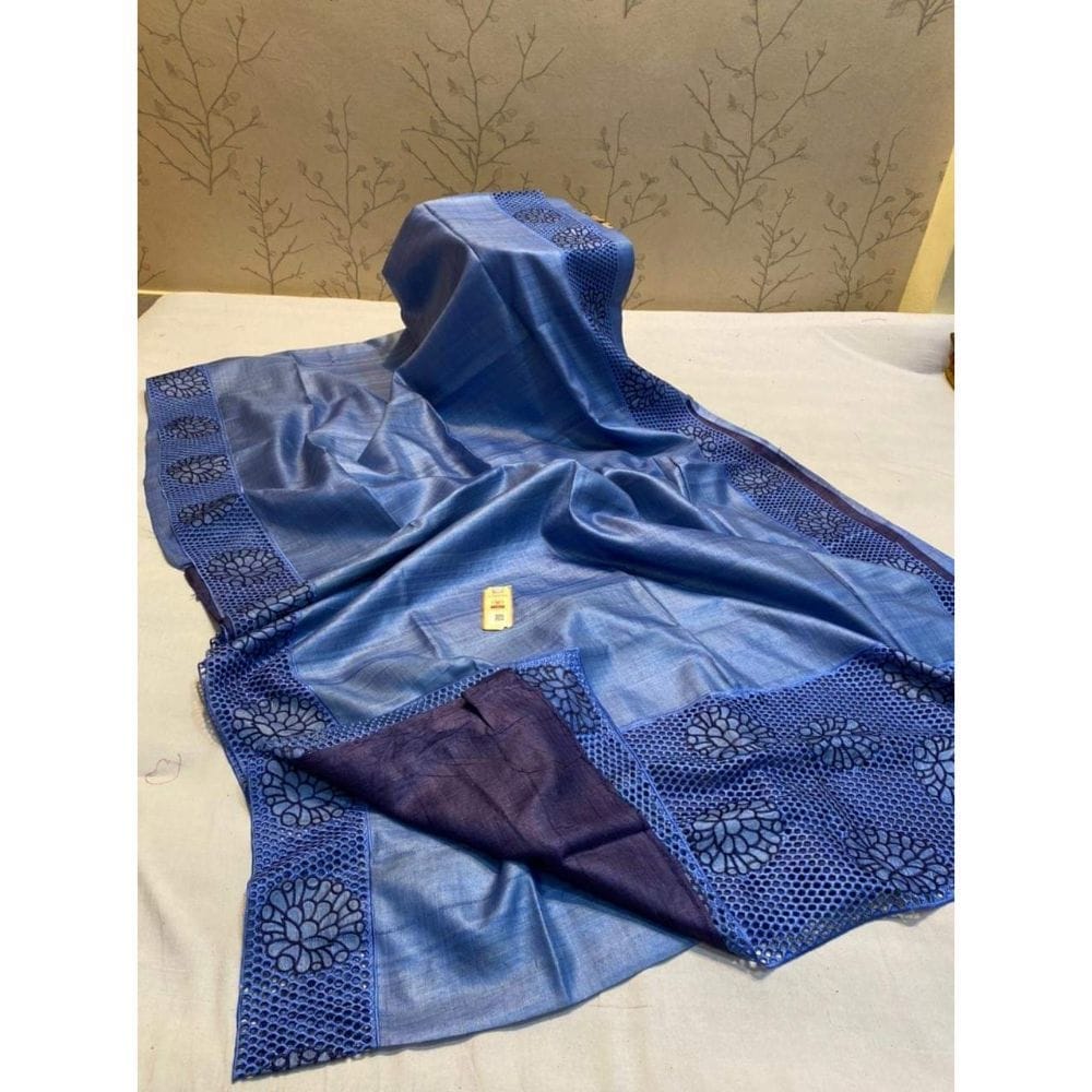 Silkmark Certifiied Pure Tussar Hand Cutwork Catalina Blue Saree (Tussar by Tussar Fabric)-5905
