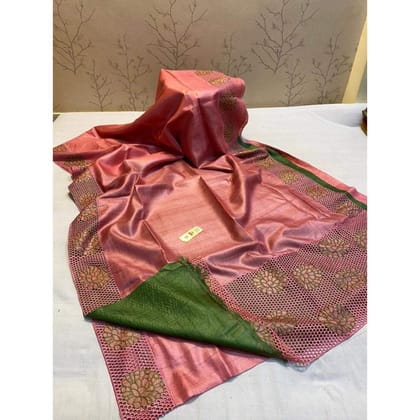 Silkmark Certifiied Pure Tussar Hand Cutwork Congo Pink Colour Saree (Tussar by Tussar Fabric)-6184