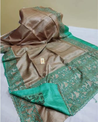 Silkmark Certifiied Pure Tussar Hand Cutwork Brown&Green combi Colour Saree (Tussar by Tussar Fabric)-5004