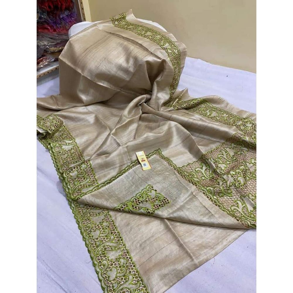 Silkmark Certifiied Pure Tussar Hand Cutwork Beige Saree (Tussar by Tussar Fabric)-7885