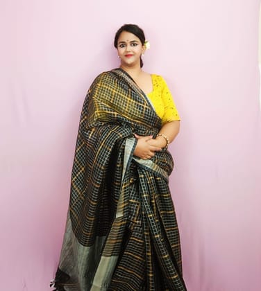 Pure Linen Check Design Handloom Saree Black Colour with Running Blouse-2604