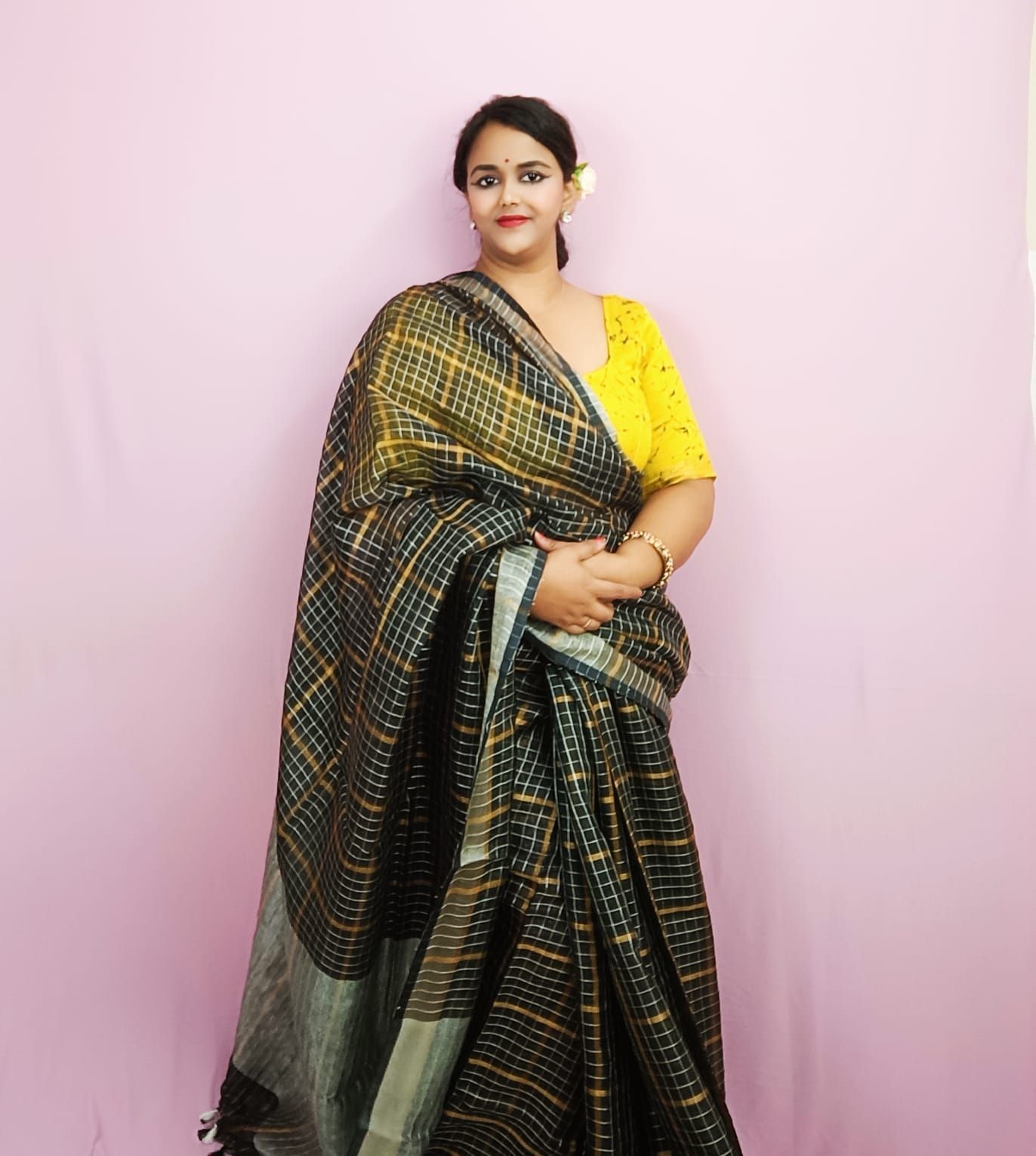 Pure Linen Check Design Handloom Saree Black Colour with Running Blouse-2604