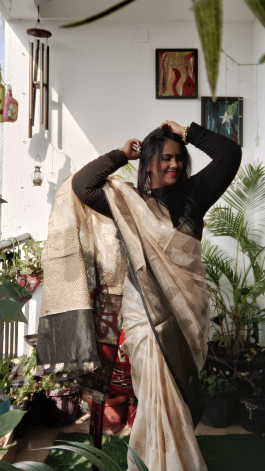 Silk Linen Banrasi Brocade Weaving Handloom cream color Saree with Blouse-9721
