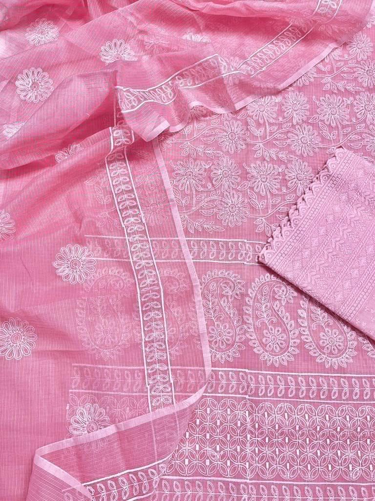 Kota Doria Embroidery Work Suit Material with Chikankari Embroidery work bottom Sky Magenta Colour (TOP+DUPATTA+BOTTOM)-1307
