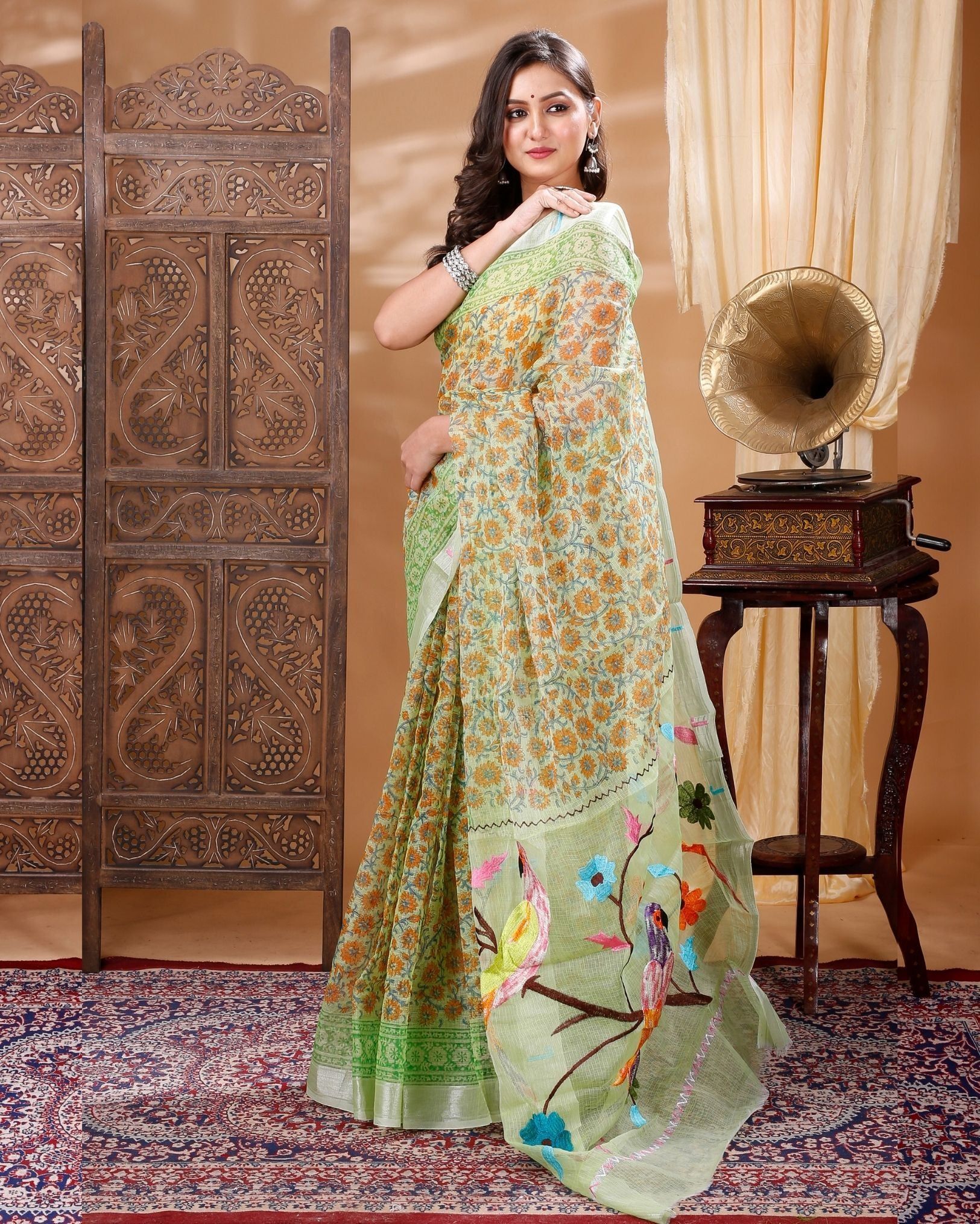 Kota Doria Paithani Embroidery Designer Saree Light Green Color with running blouse-2359