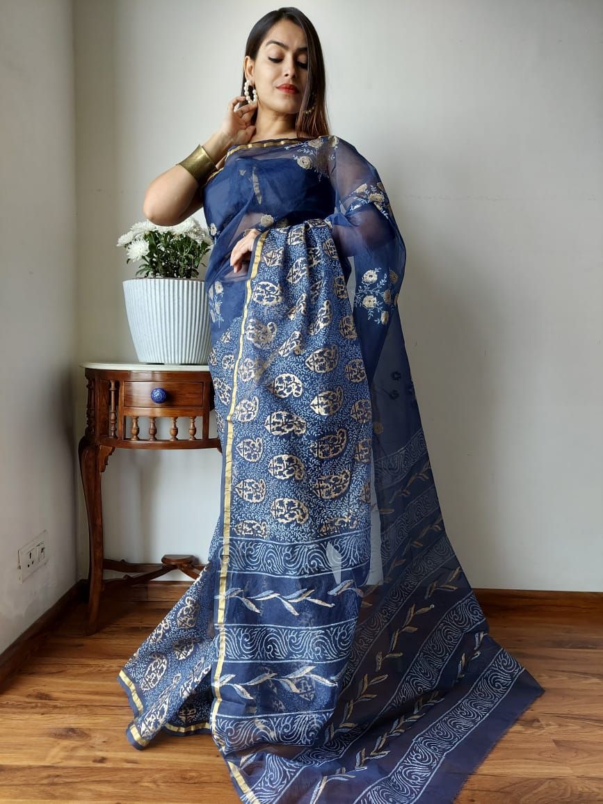 Hand Painted Organza Saree Dark Blue Colour with touch of gold print in vibrant Indian colours and matching running Blouse-9699